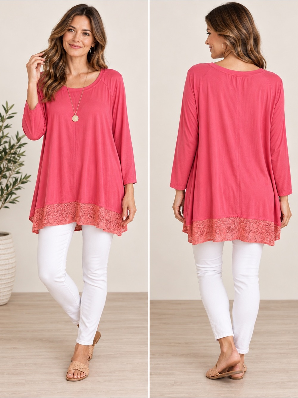 NWT LOGO by Lori Goldstein Bright Pink Lace Hem Tunic Top 3X